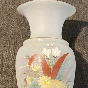 Antique Victorian Satin/Frost BRISTOL GLASS Vase Hand Painted Floral BEAUTIFUL